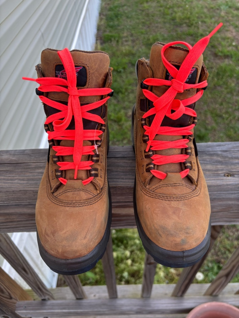 Red Wing Shoes Brown Boots with Orange-Red Logo Accent